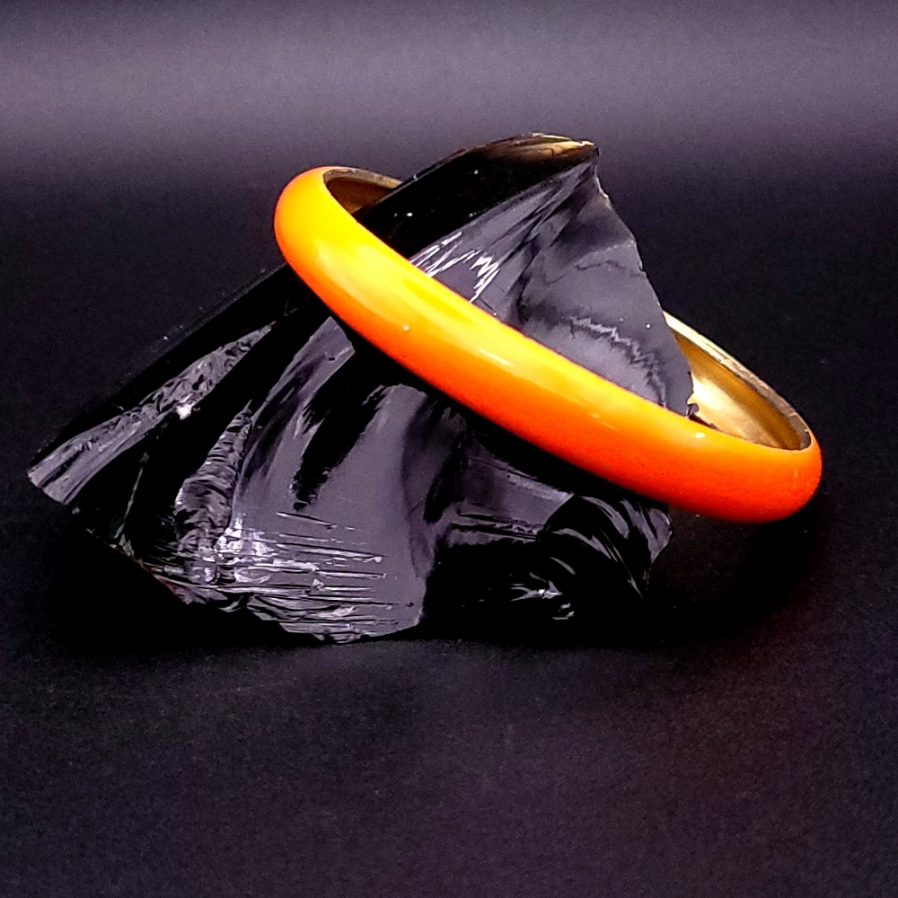 Mid-Century Vintage Neon Orange Enamel & Gold Tone Bangle Bracelet